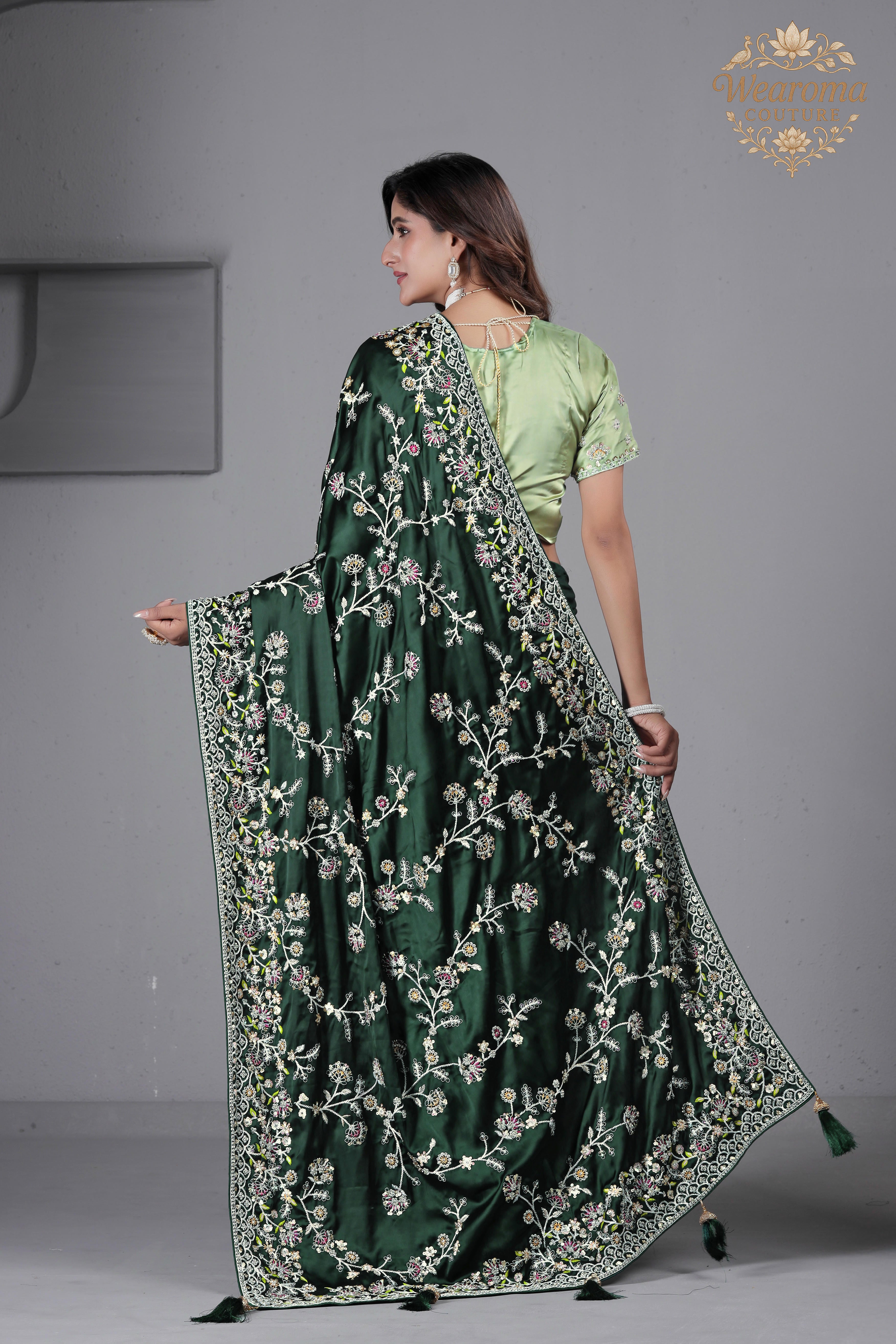 Suhagan Satin Saree with Heavy Floral Work & Contrast Blouse