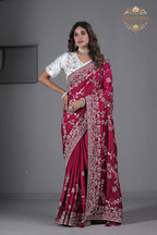 Suhagan Satin Saree with Heavy Floral Work & Contrast Blouse
