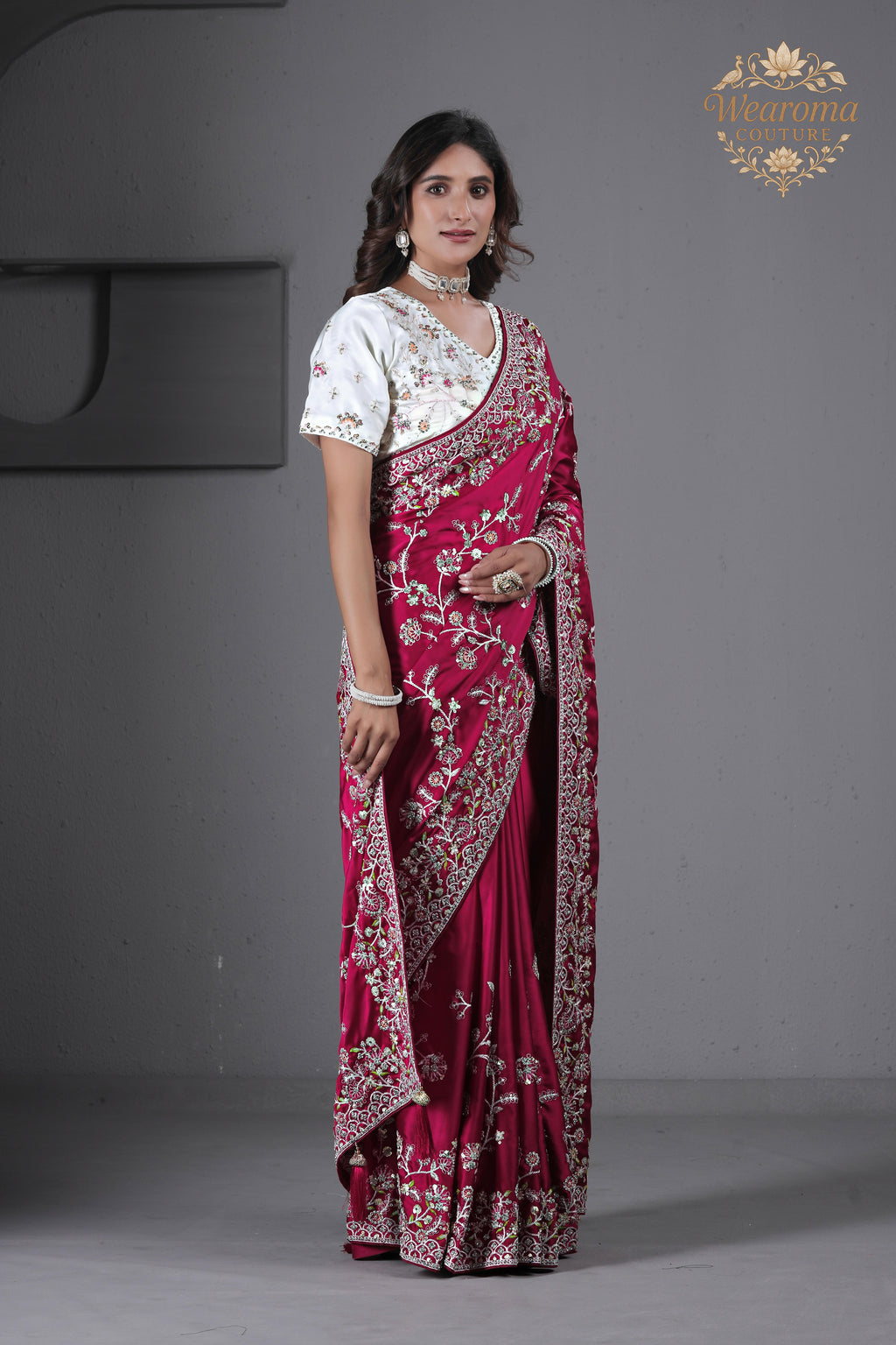 Suhagan Satin Saree with Heavy Floral Work & Contrast Blouse