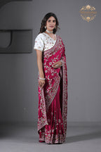Suhagan Satin Saree with Heavy Floral Work & Contrast Blouse