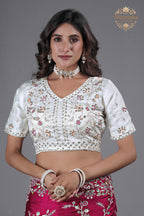 Suhagan Satin Saree with Heavy Floral Work & Contrast Blouse