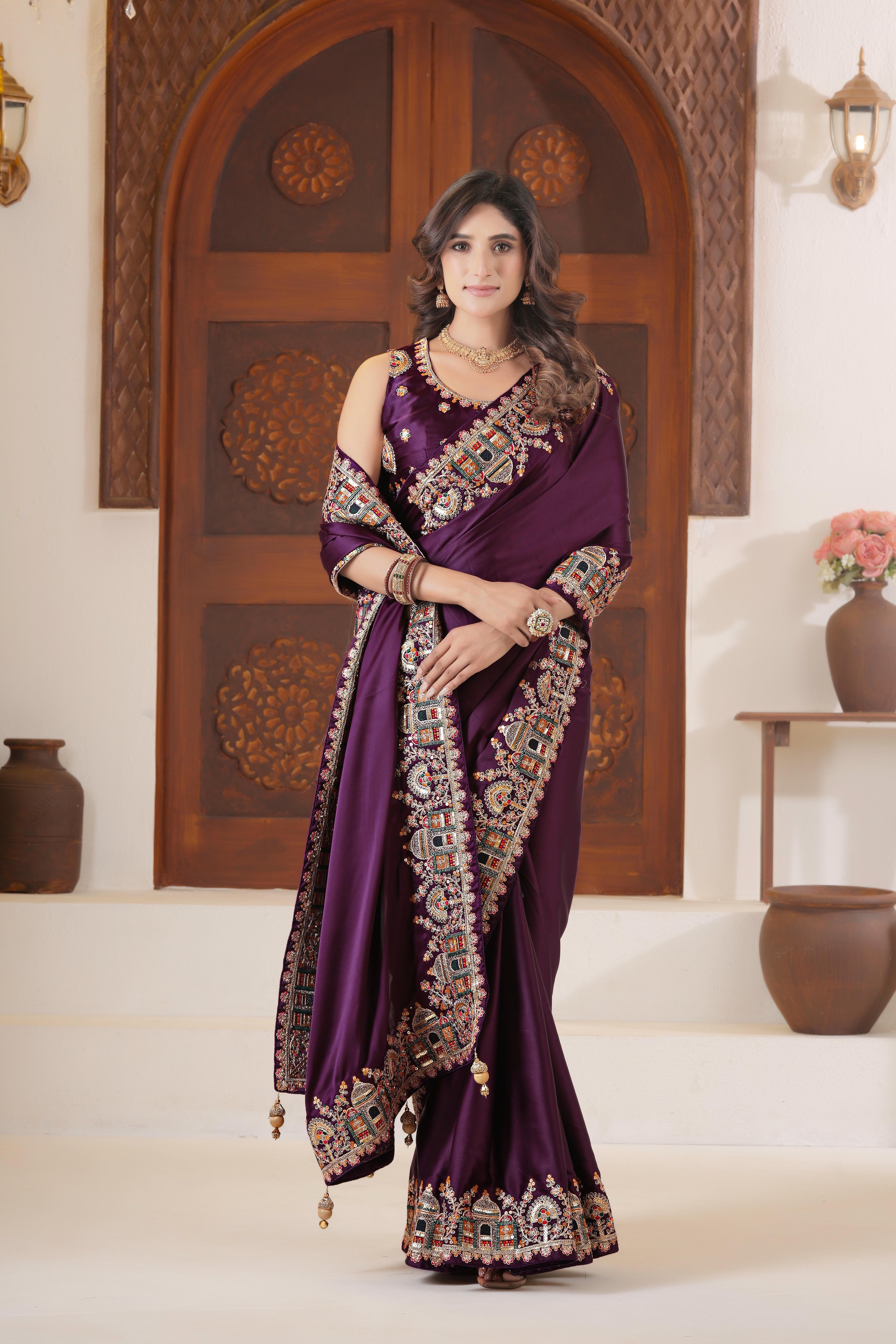 Dvipa Royal Satin Saree with Heavy Multi-Thread Border