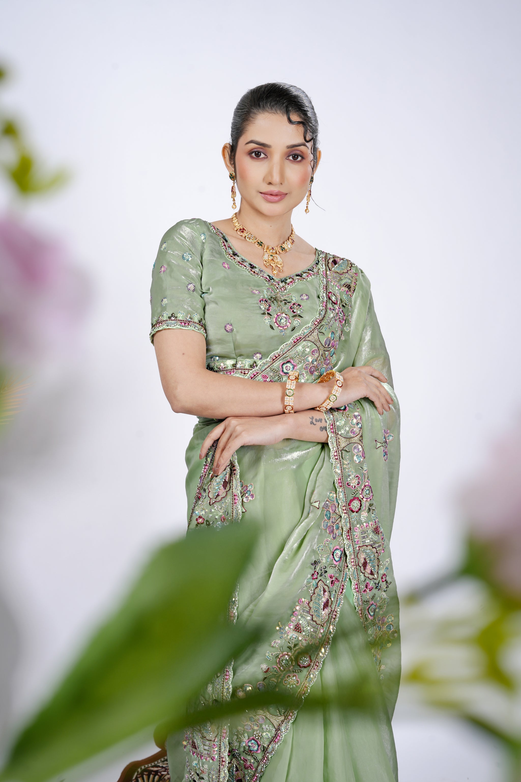 Dastaan Satin Saree with Floral Cutwork Border