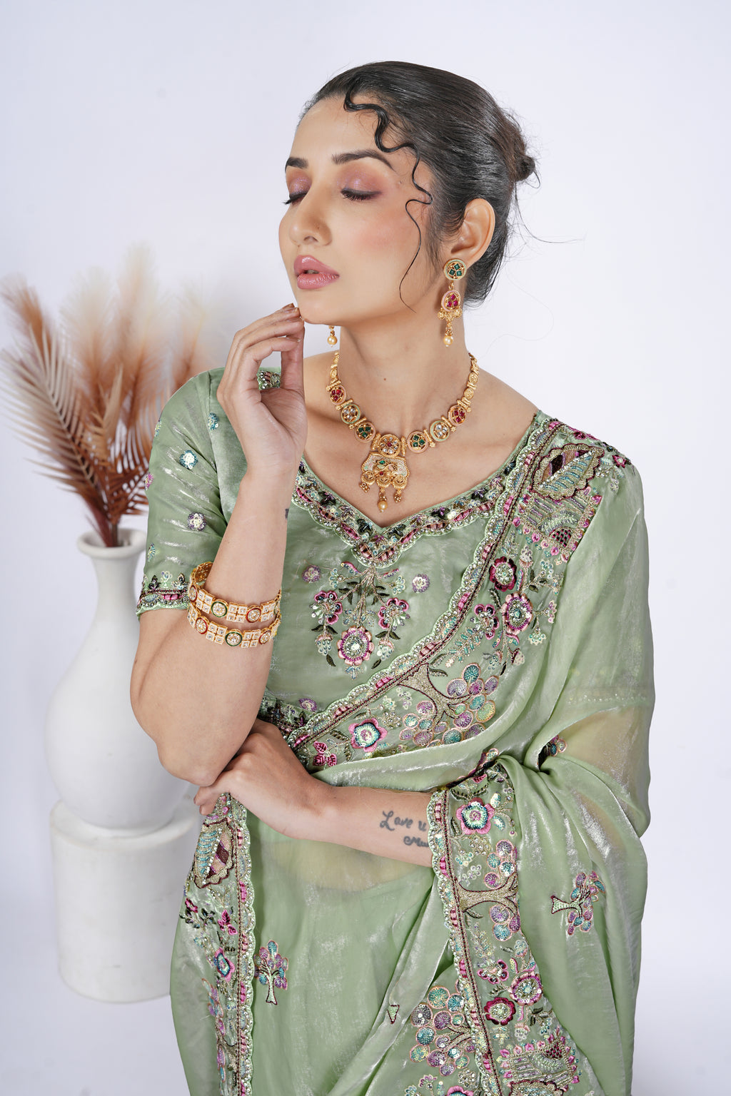 Dastaan Satin Saree with Floral Cutwork Border