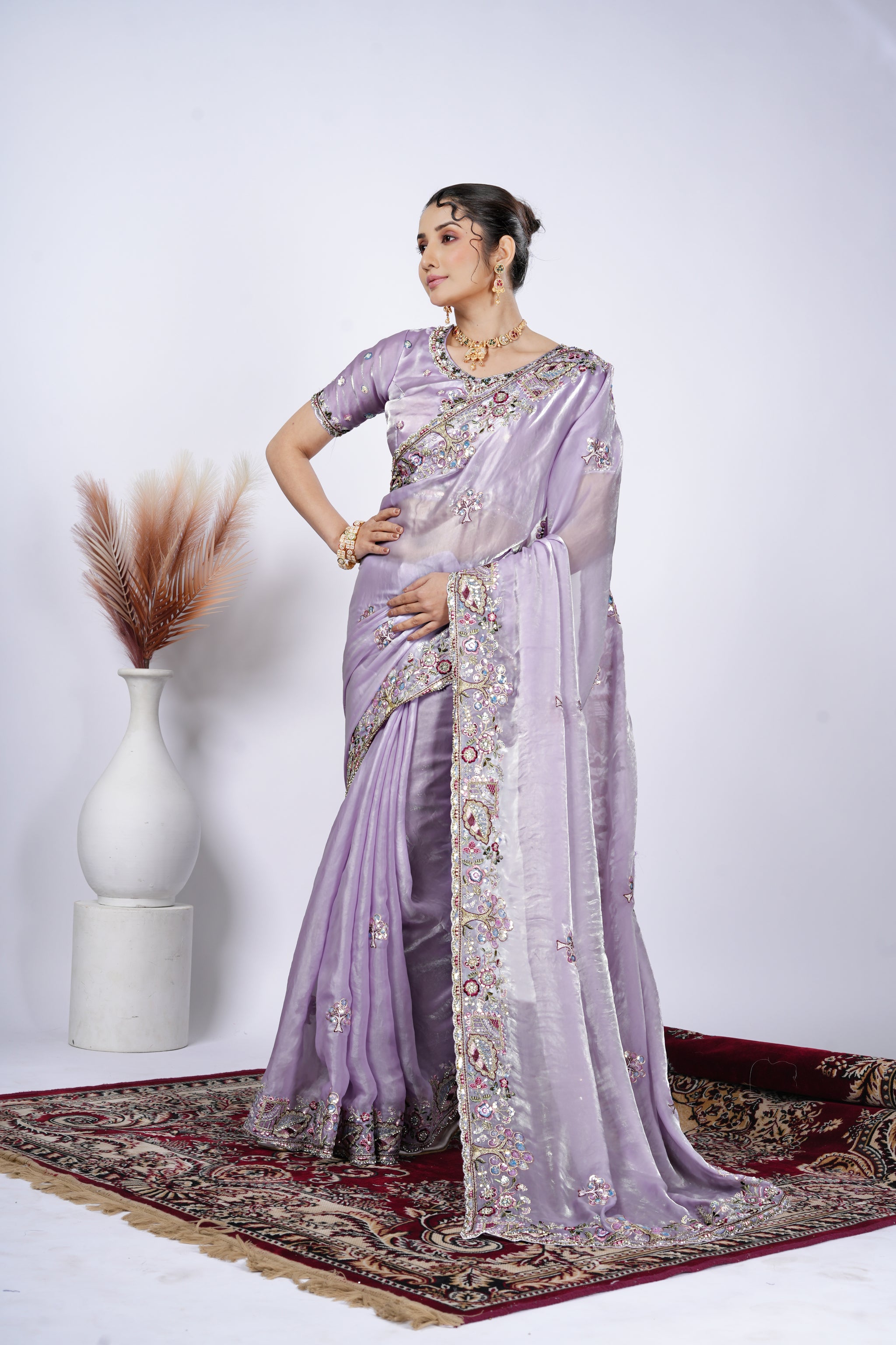 Dastaan Satin Saree with Floral Cutwork Border