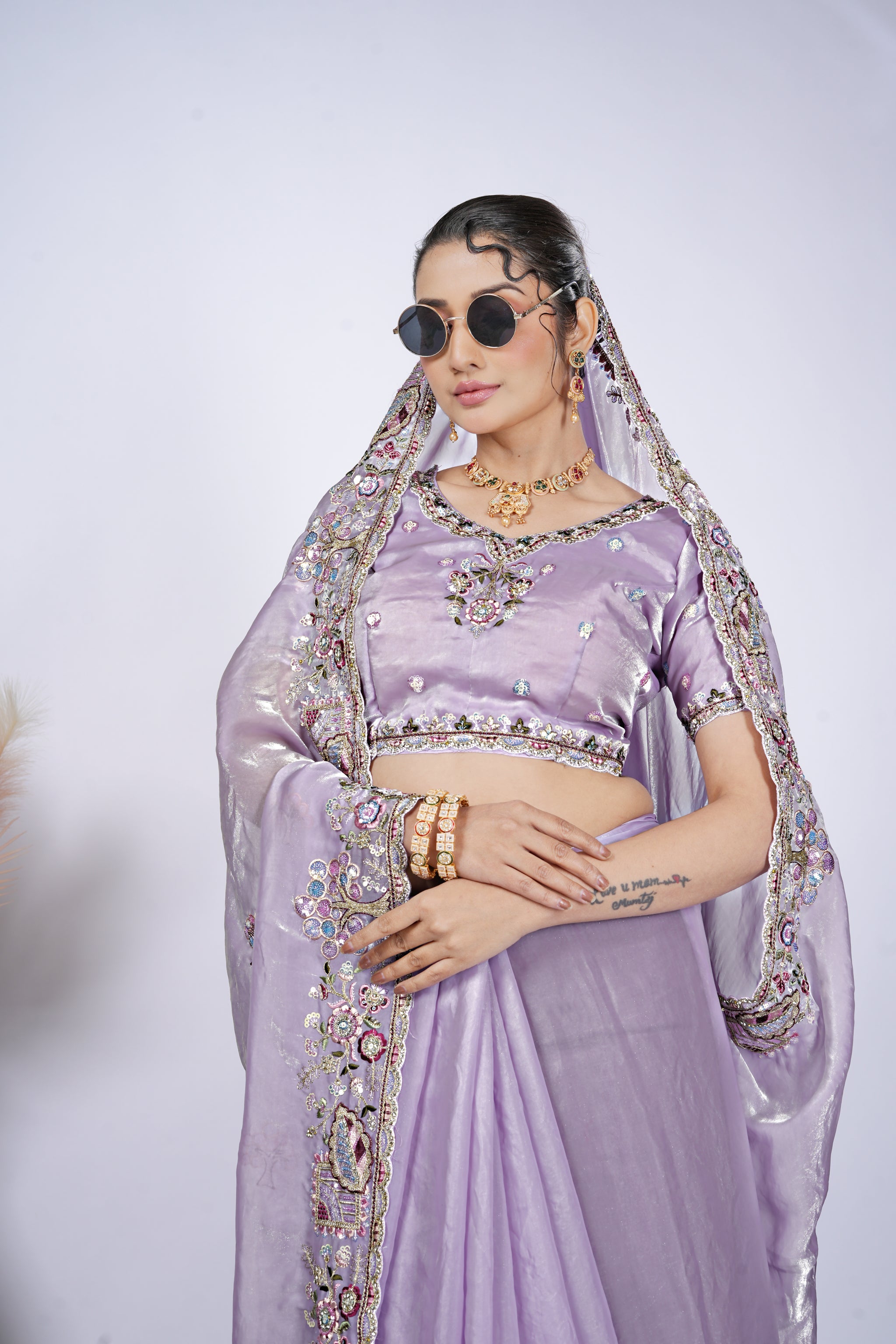 Dastaan Satin Saree with Floral Cutwork Border