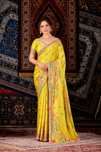Tamannah Bhatia Inspired Lemon Yellow Floral Satin Saree with Mirror Work Border