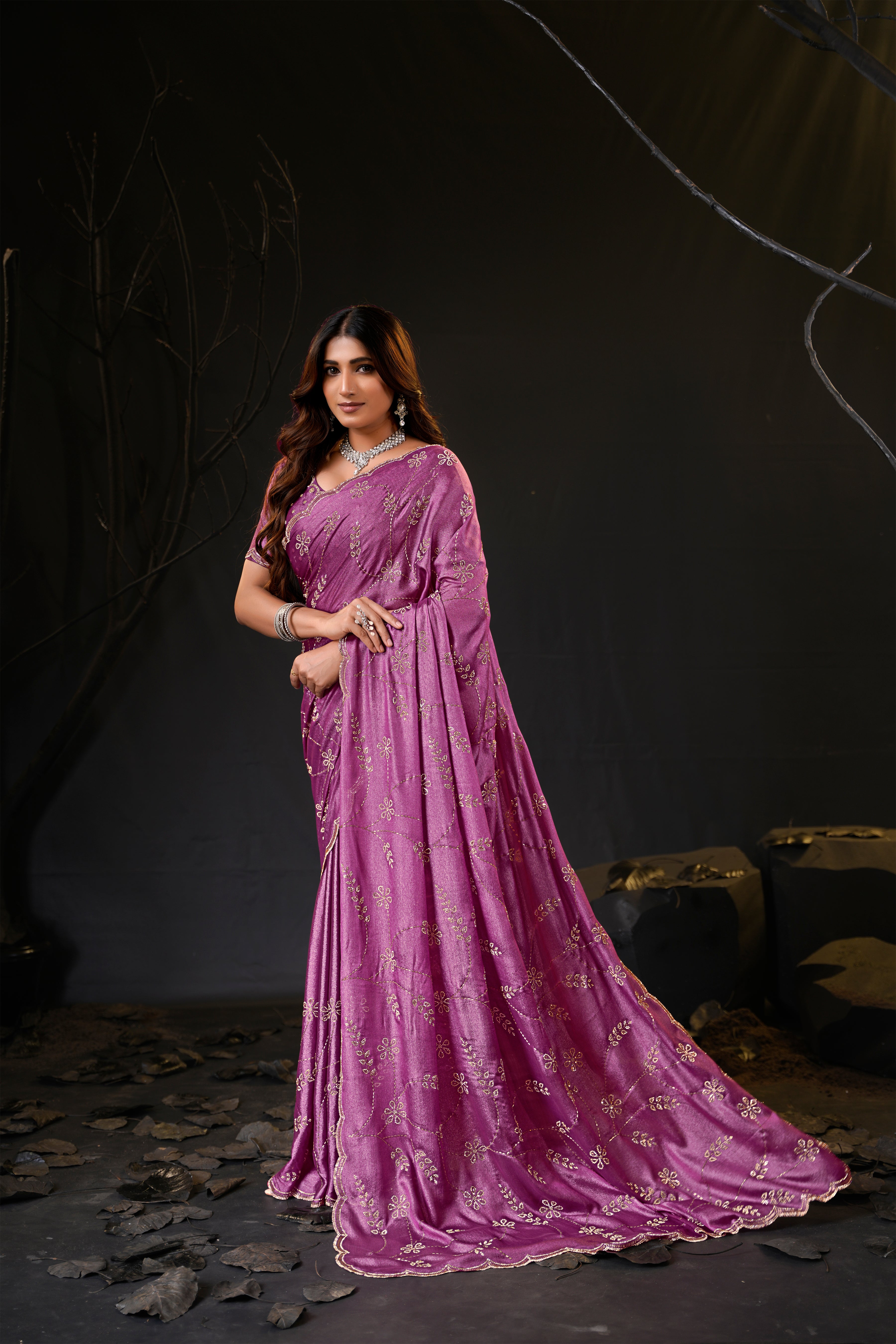 Falguni Sirosky Work Chiffon Saree | Crystal Embroidery