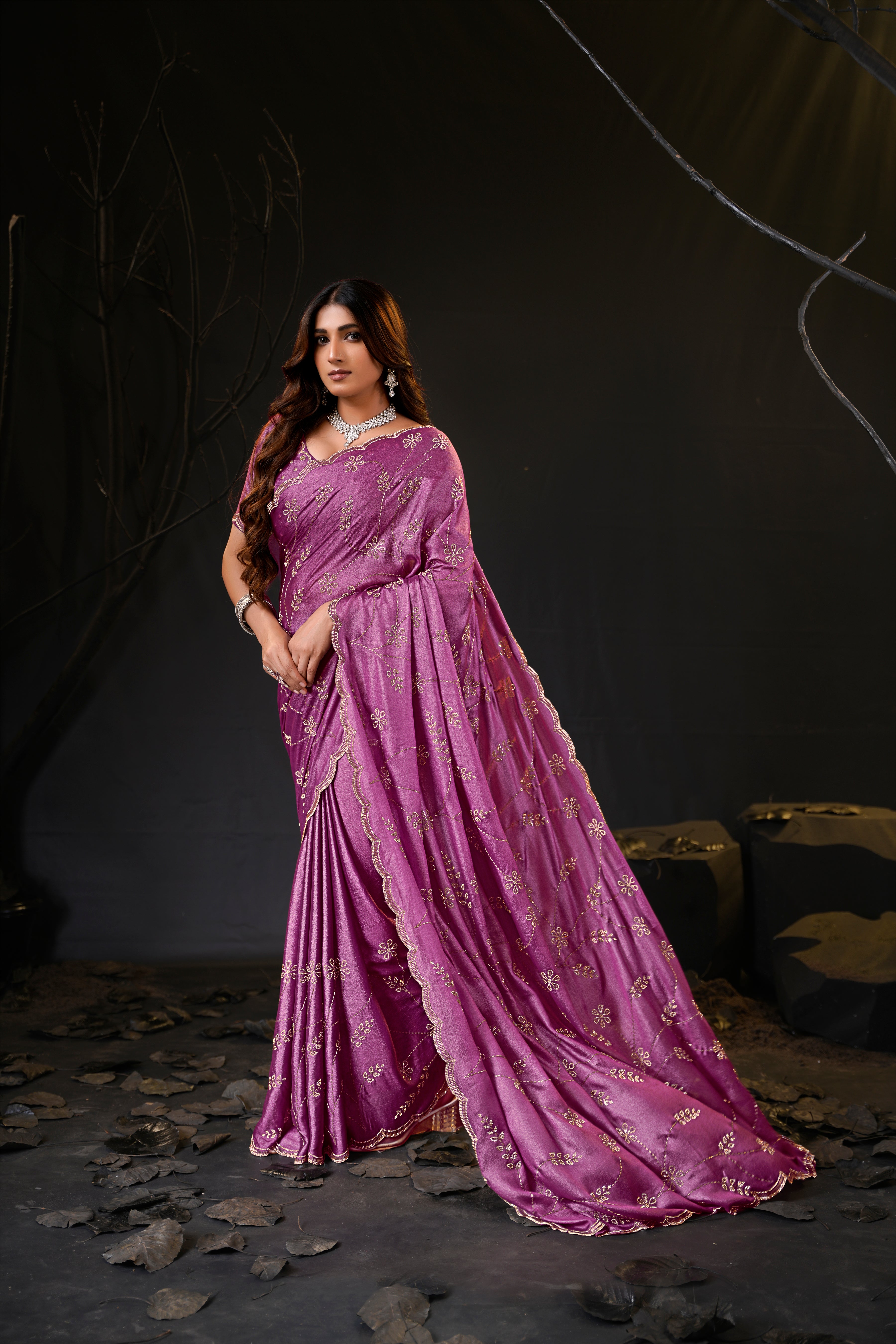 Falguni Sirosky Work Chiffon Saree | Crystal Embroidery