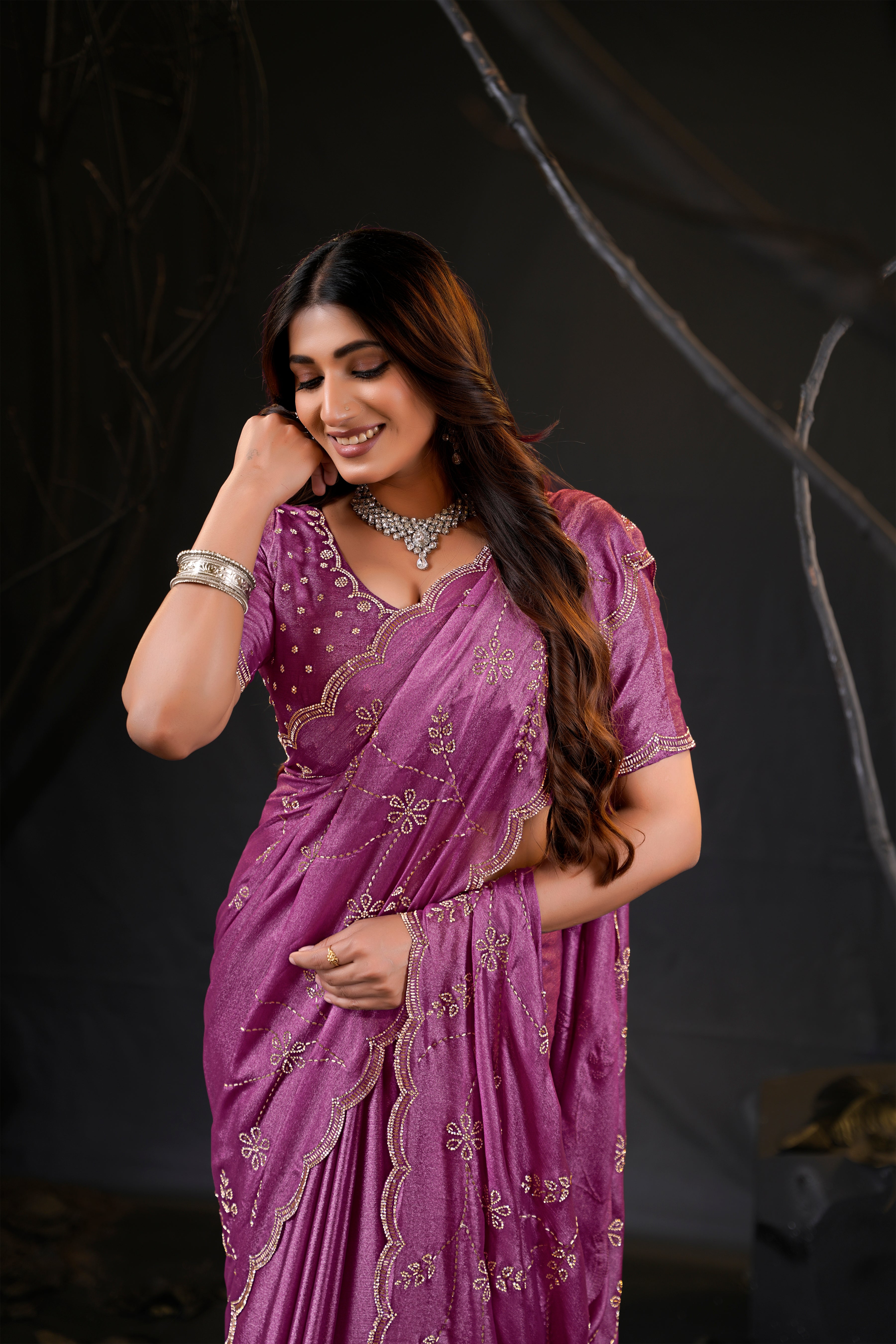 Falguni Sirosky Work Chiffon Saree | Crystal Embroidery