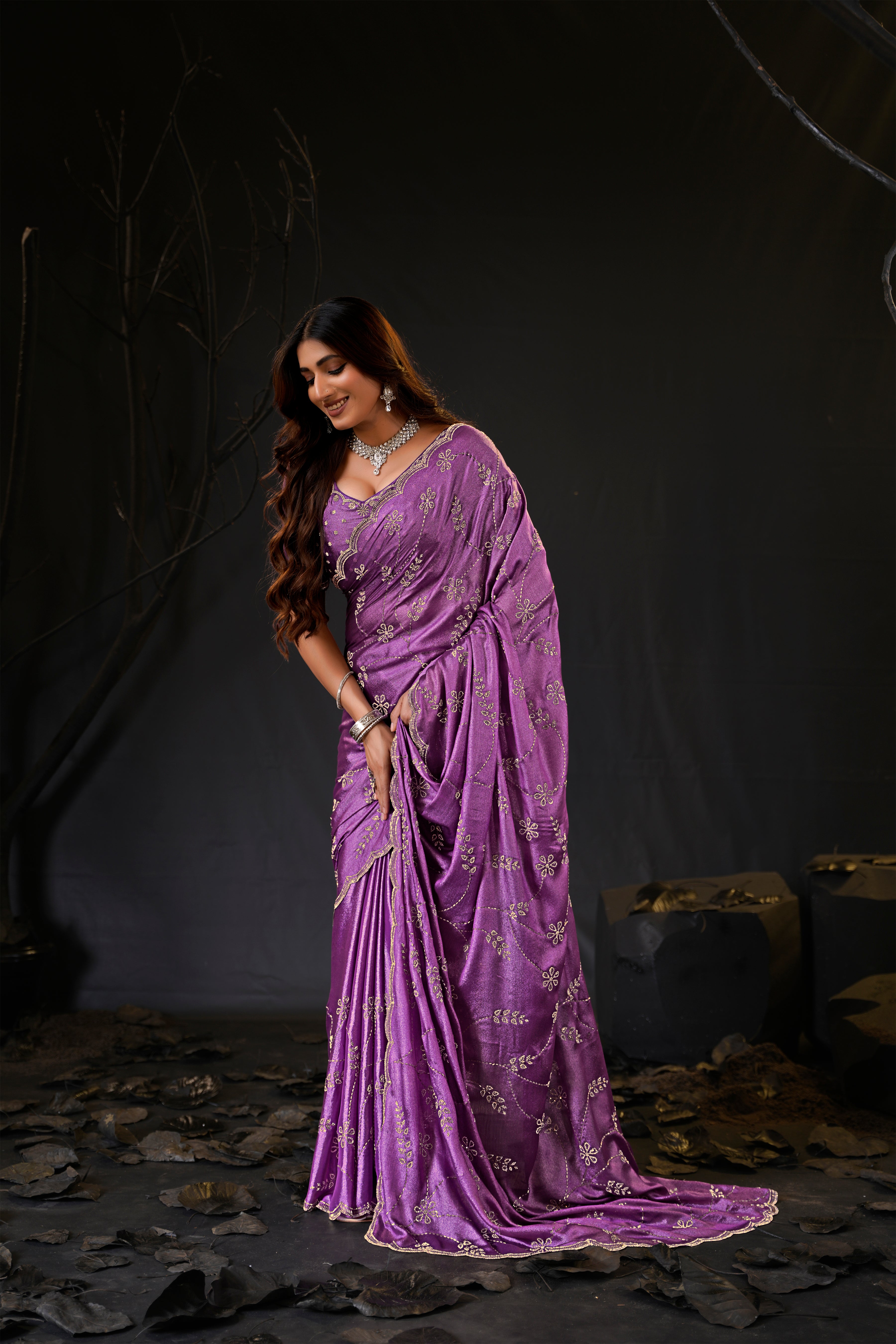Falguni Sirosky Work Chiffon Saree | Crystal Embroidery
