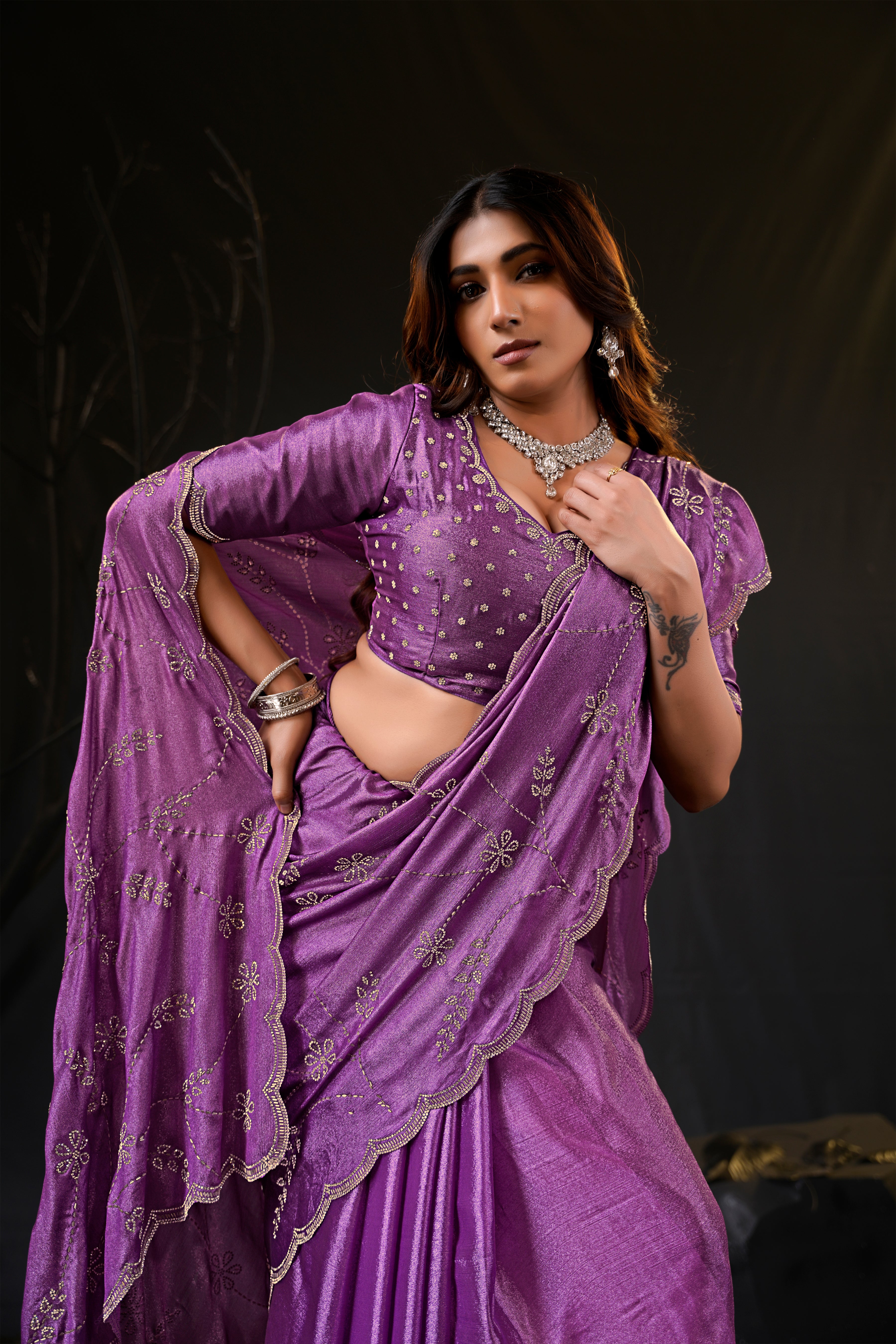 Falguni Sirosky Work Chiffon Saree | Crystal Embroidery