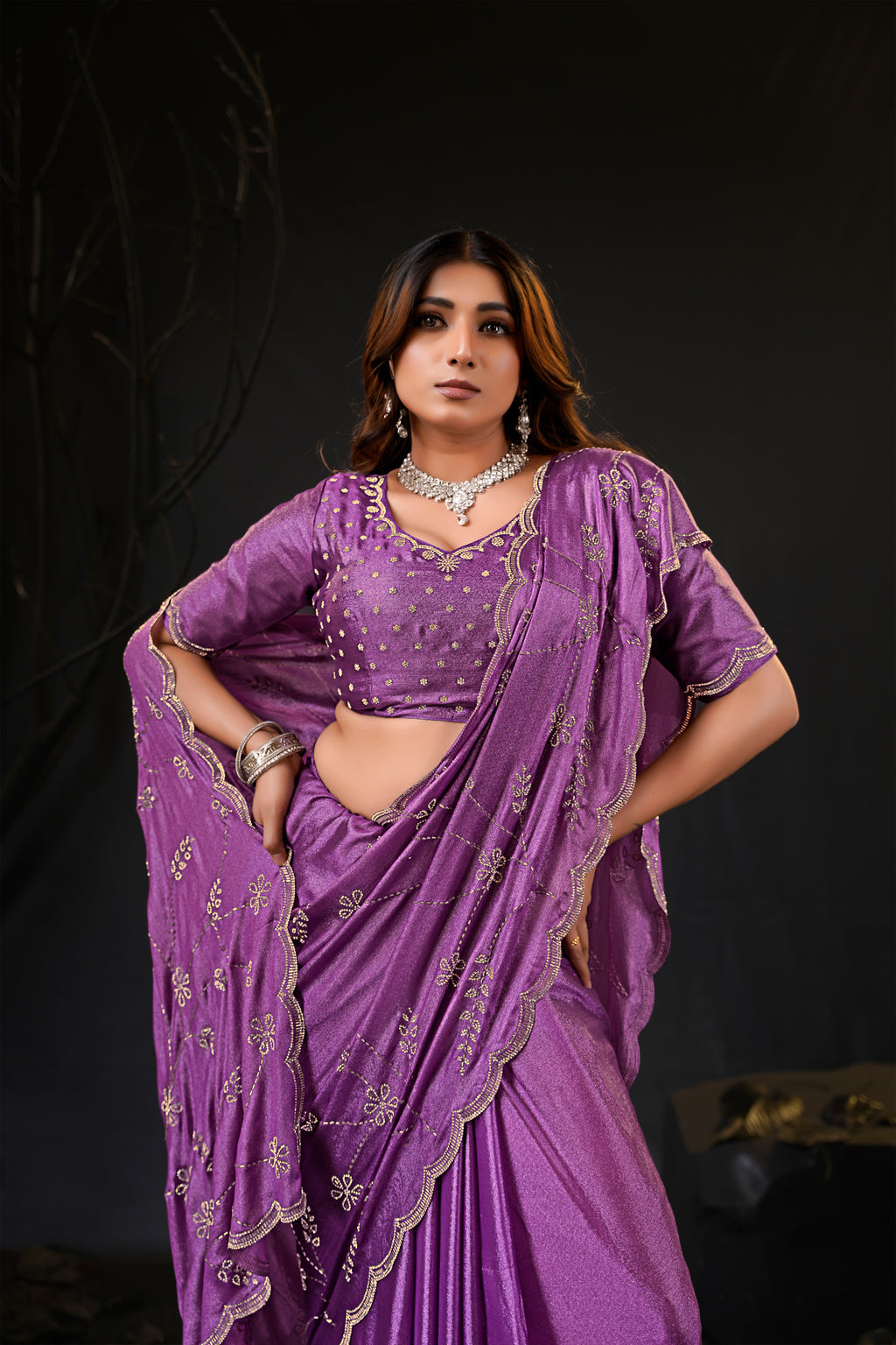 Falguni Sirosky Work Chiffon Saree | Crystal Embroidery