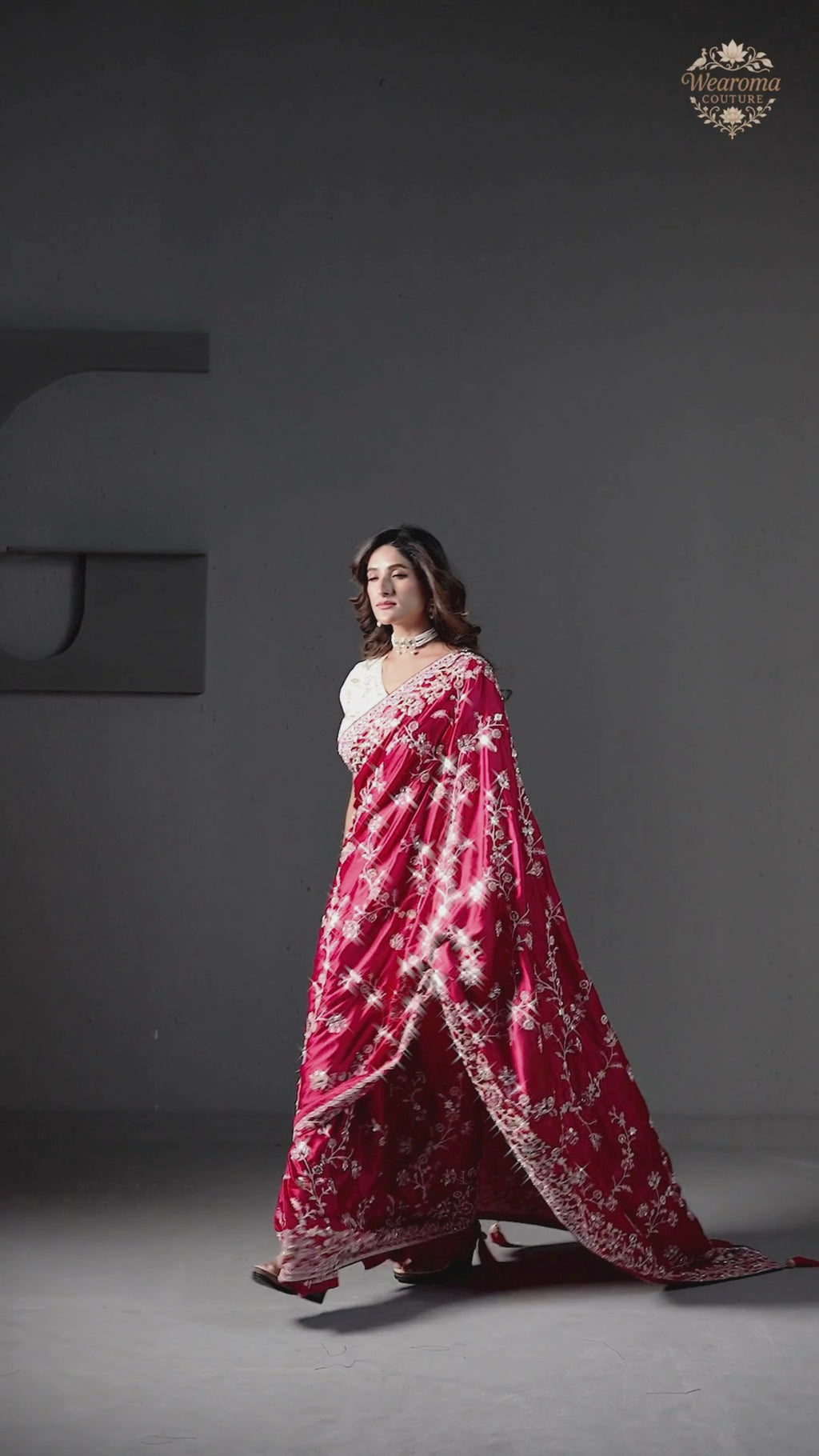 Suhagan Satin Saree with Heavy Floral Work & Contrast Blouse