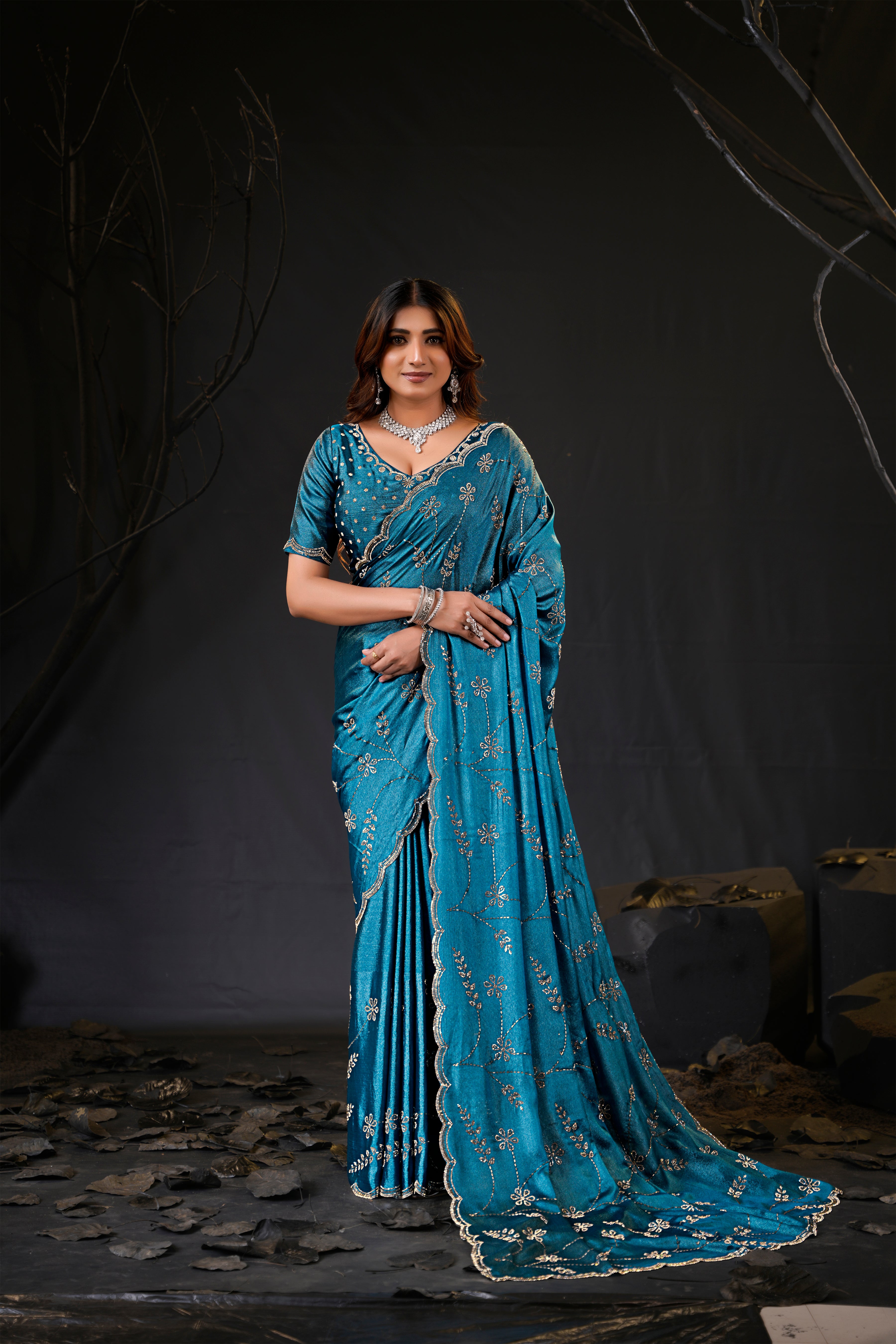 Falguni Sirosky Work Chiffon Saree | Crystal Embroidery