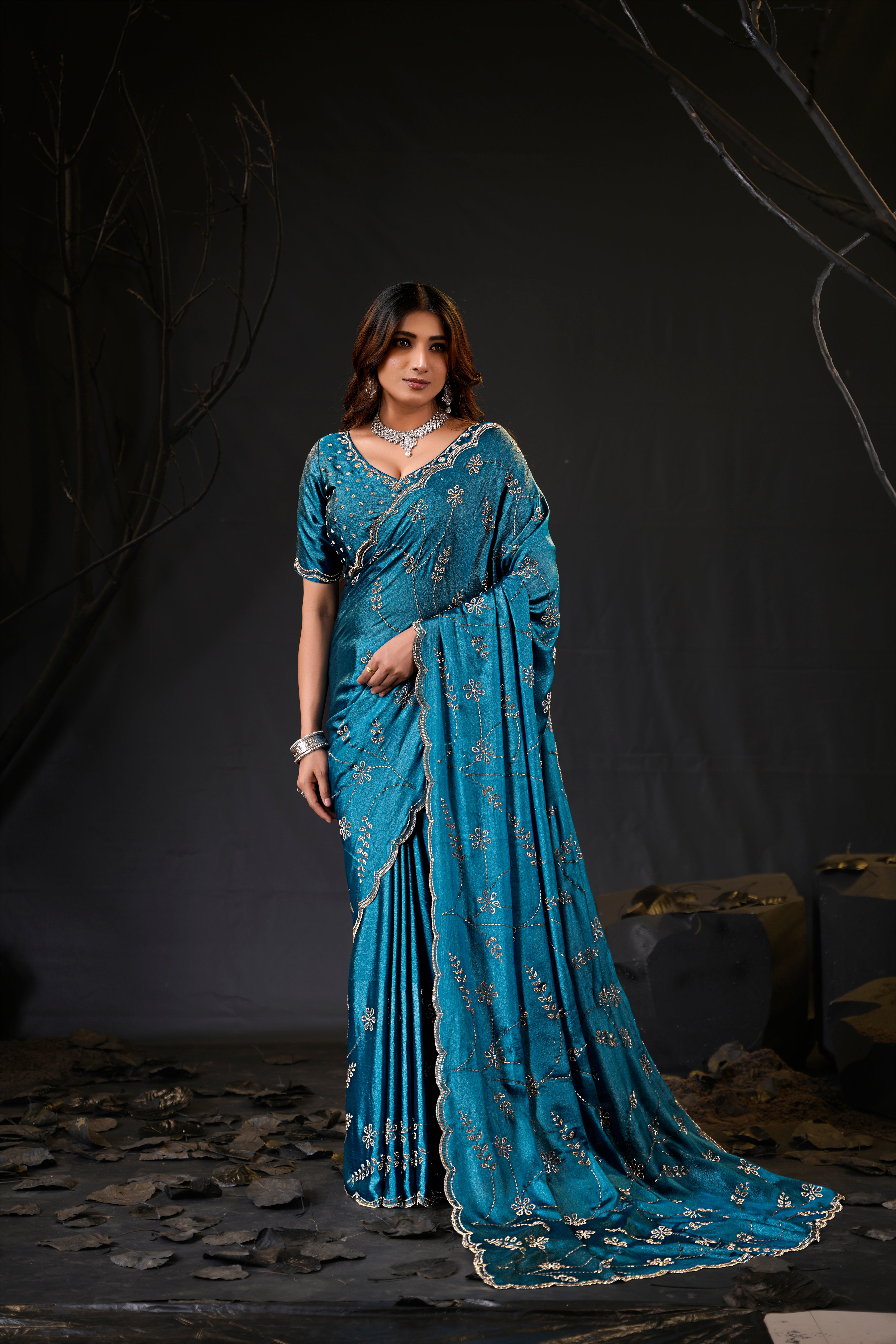 Falguni Sirosky Work Chiffon Saree | Crystal Embroidery