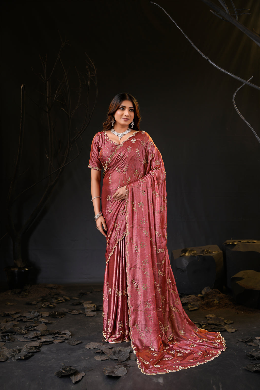 Falguni Sirosky Work Chiffon Saree | Crystal Embroidery