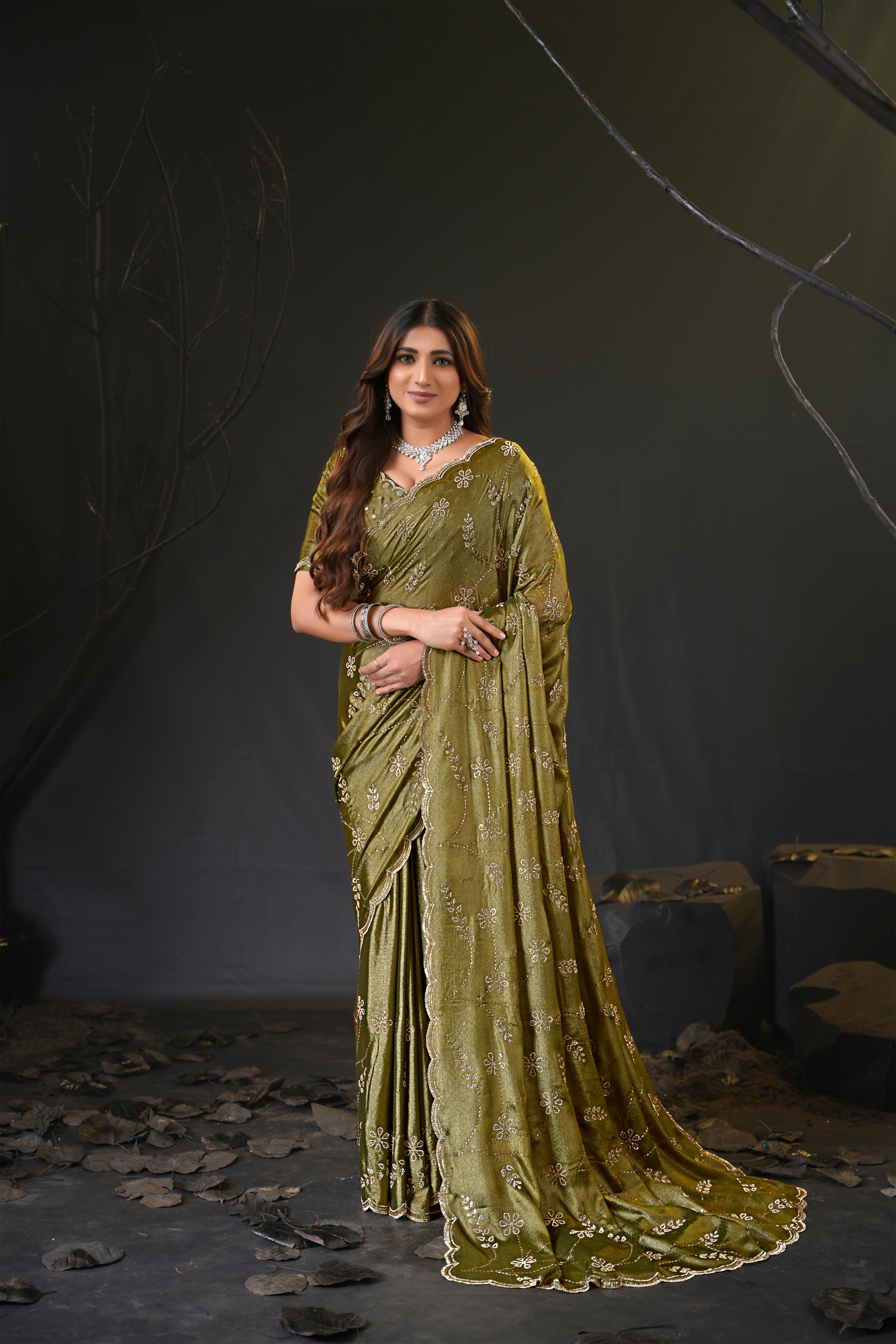 Falguni Sirosky Work Chiffon Saree | Crystal Embroidery