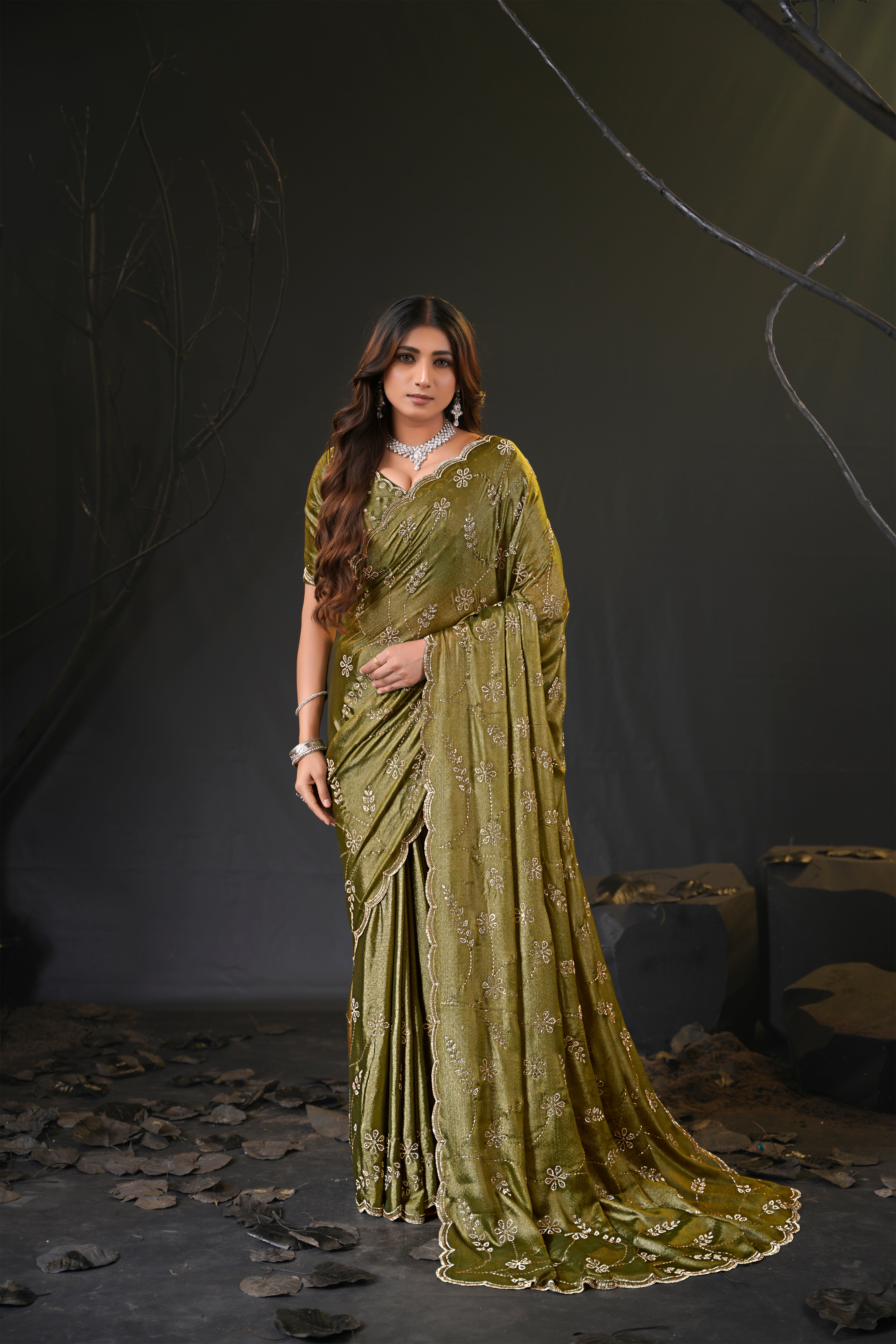 Falguni Sirosky Work Chiffon Saree | Crystal Embroidery