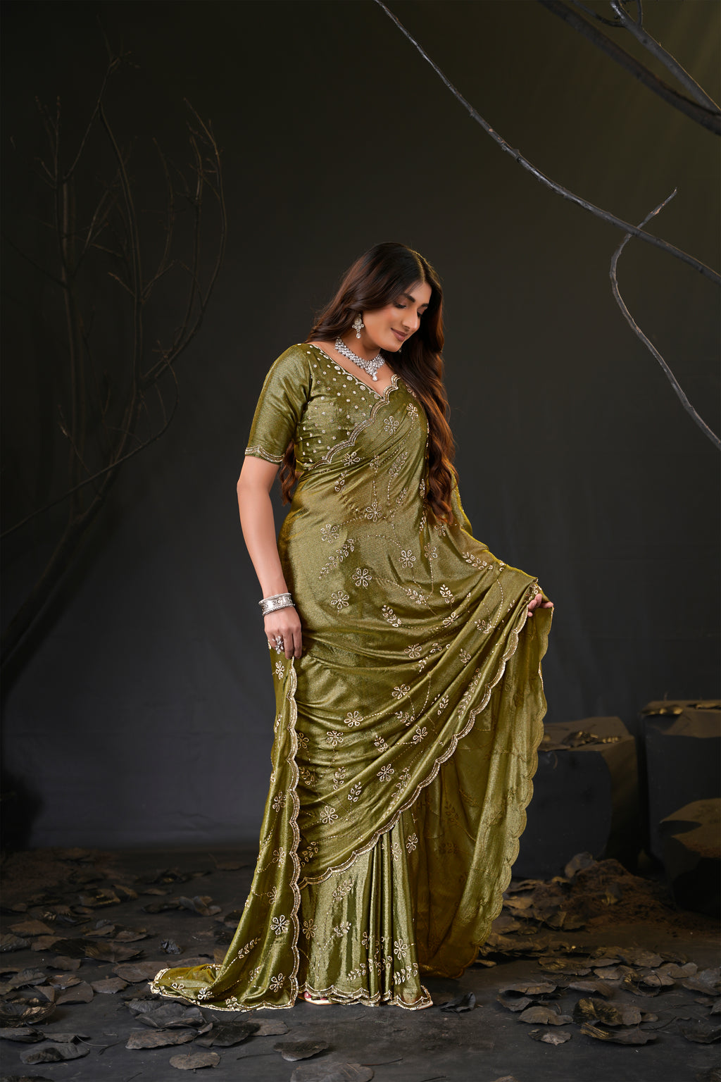 Falguni Sirosky Work Chiffon Saree | Crystal Embroidery