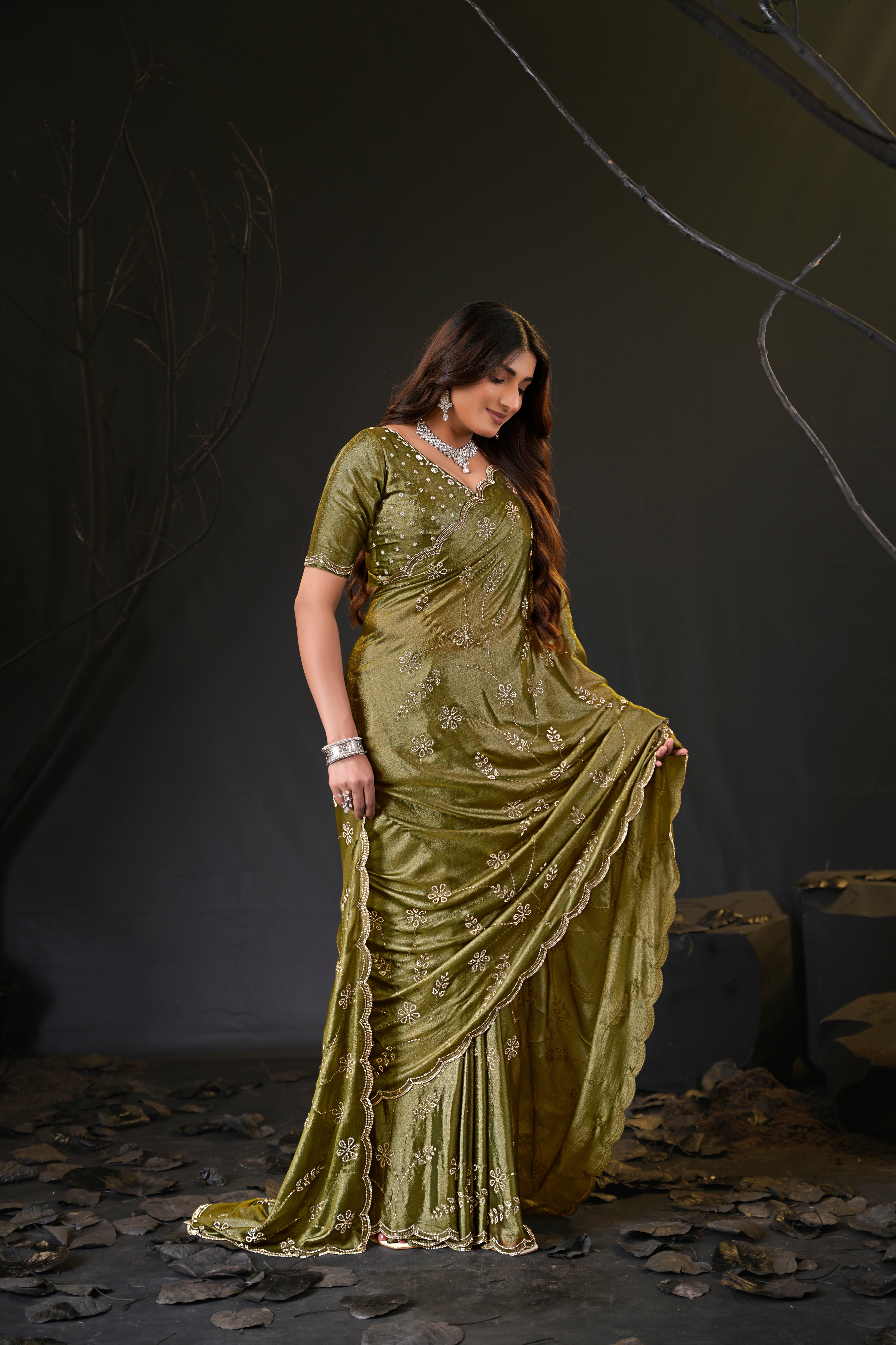 Falguni Sirosky Work Chiffon Saree | Crystal Embroidery