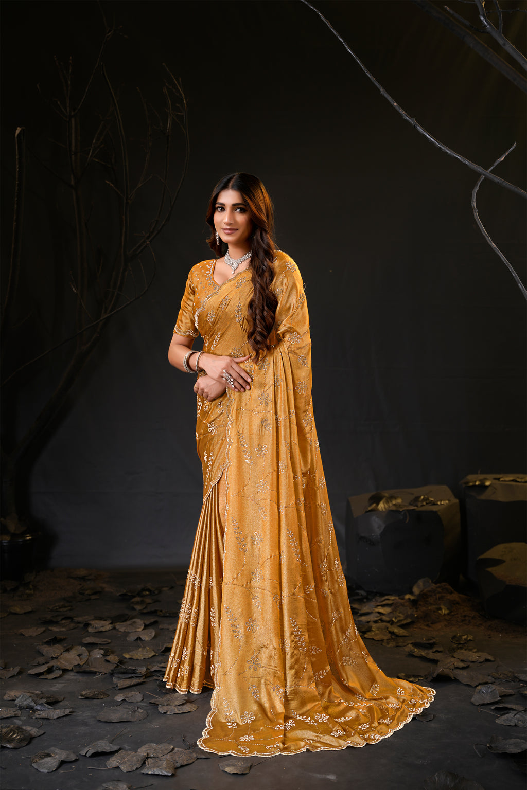Falguni Sirosky Work Chiffon Saree | Crystal Embroidery