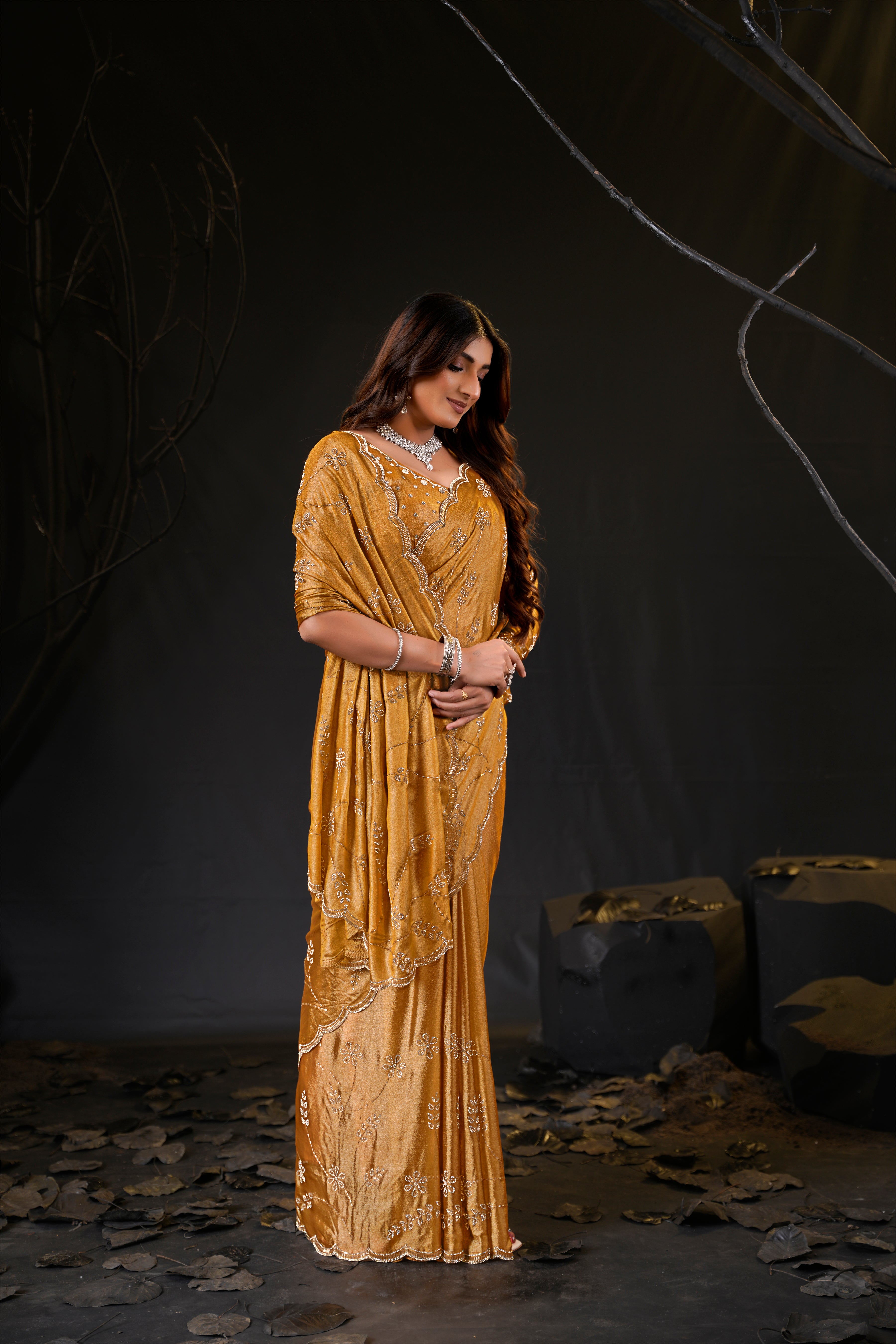 Falguni Sirosky Work Chiffon Saree | Crystal Embroidery