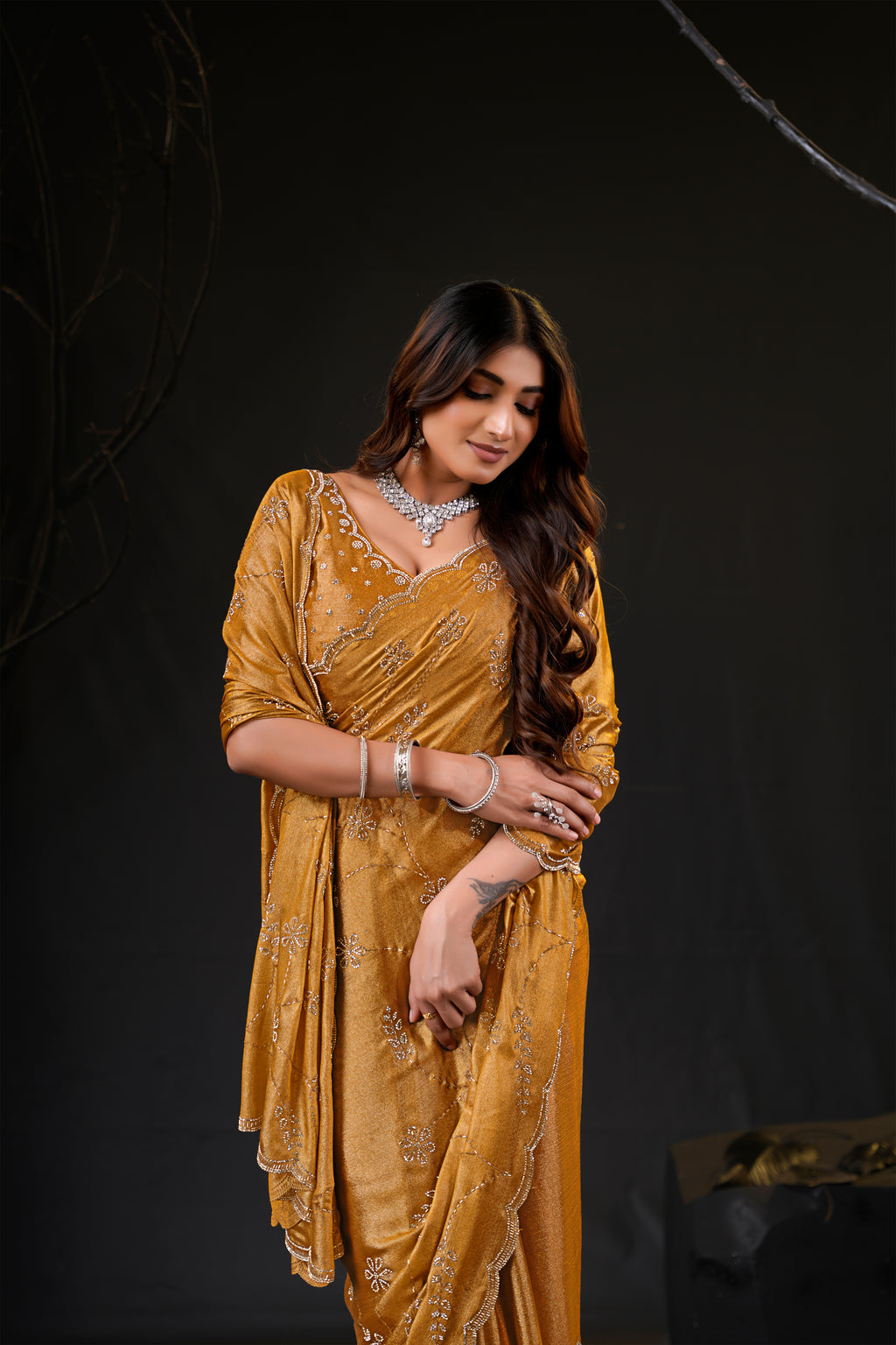Falguni Sirosky Work Chiffon Saree | Crystal Embroidery
