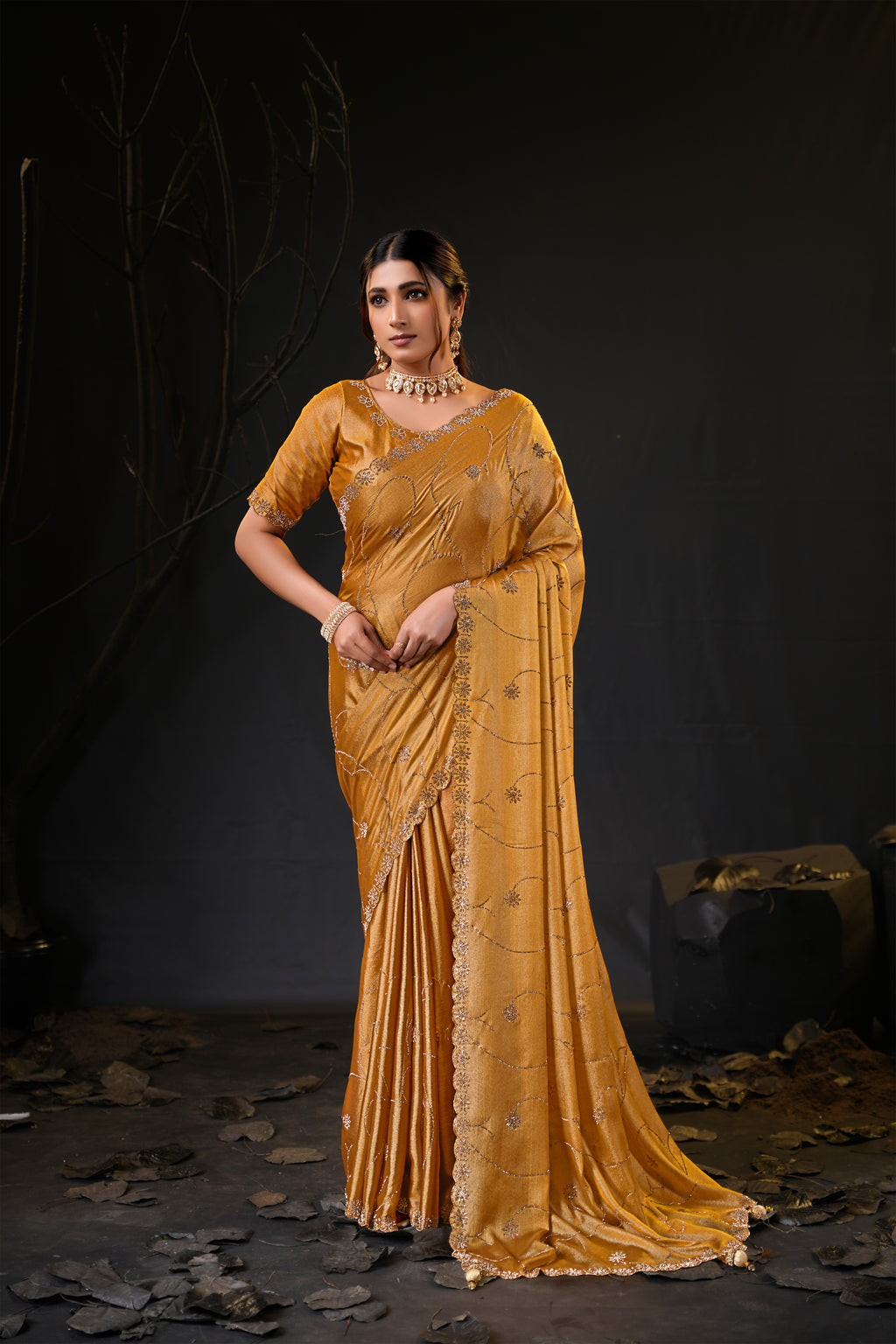 Falguni 3 Designer Saree | Shimmer Chiffon with Star Motif Embroidery, Sirosky Work & Pearl Border Drops