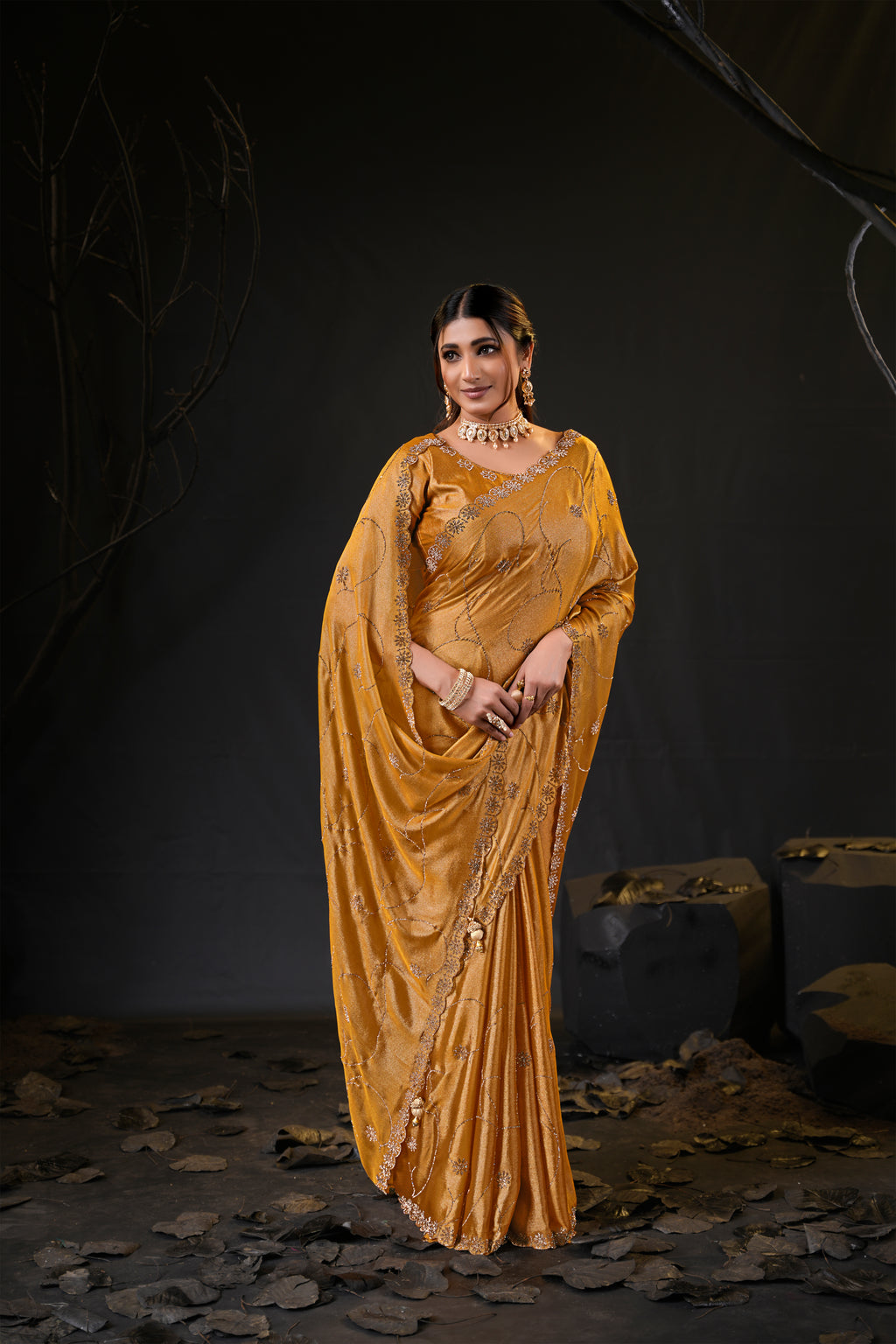 Falguni 3 Designer Saree | Shimmer Chiffon with Star Motif Embroidery, Sirosky Work & Pearl Border Drops