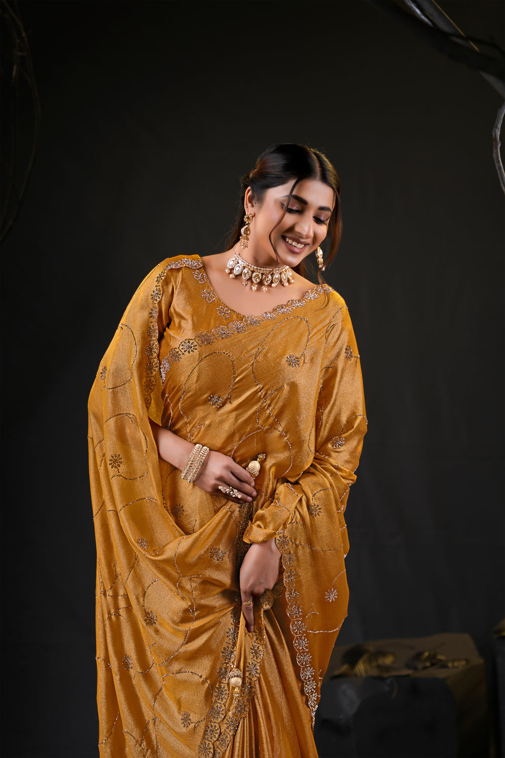Falguni 3 Designer Saree | Shimmer Chiffon with Star Motif Embroidery, Sirosky Work & Pearl Border Drops