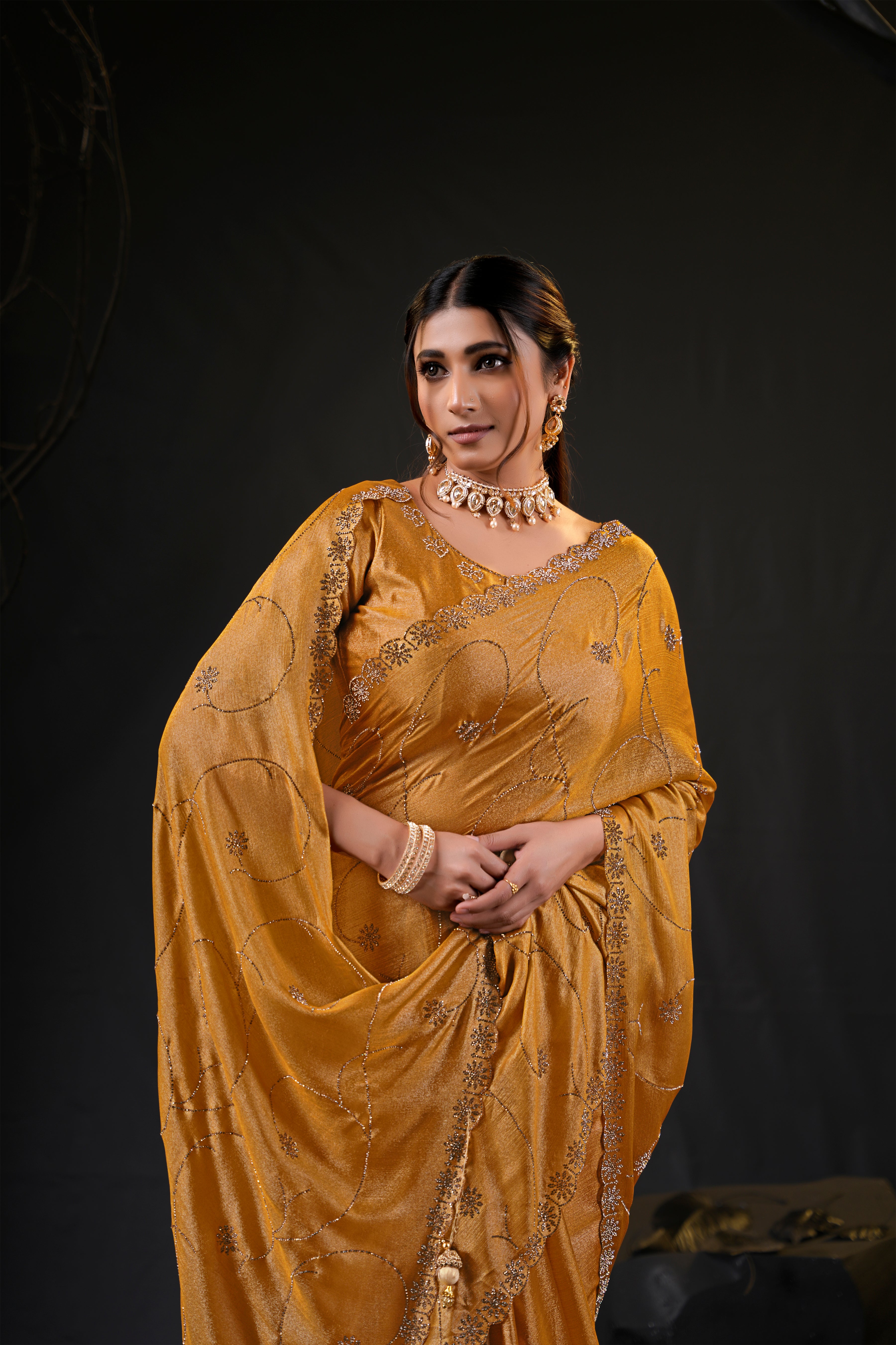 Falguni 3 Designer Saree | Shimmer Chiffon with Star Motif Embroidery, Sirosky Work & Pearl Border Drops