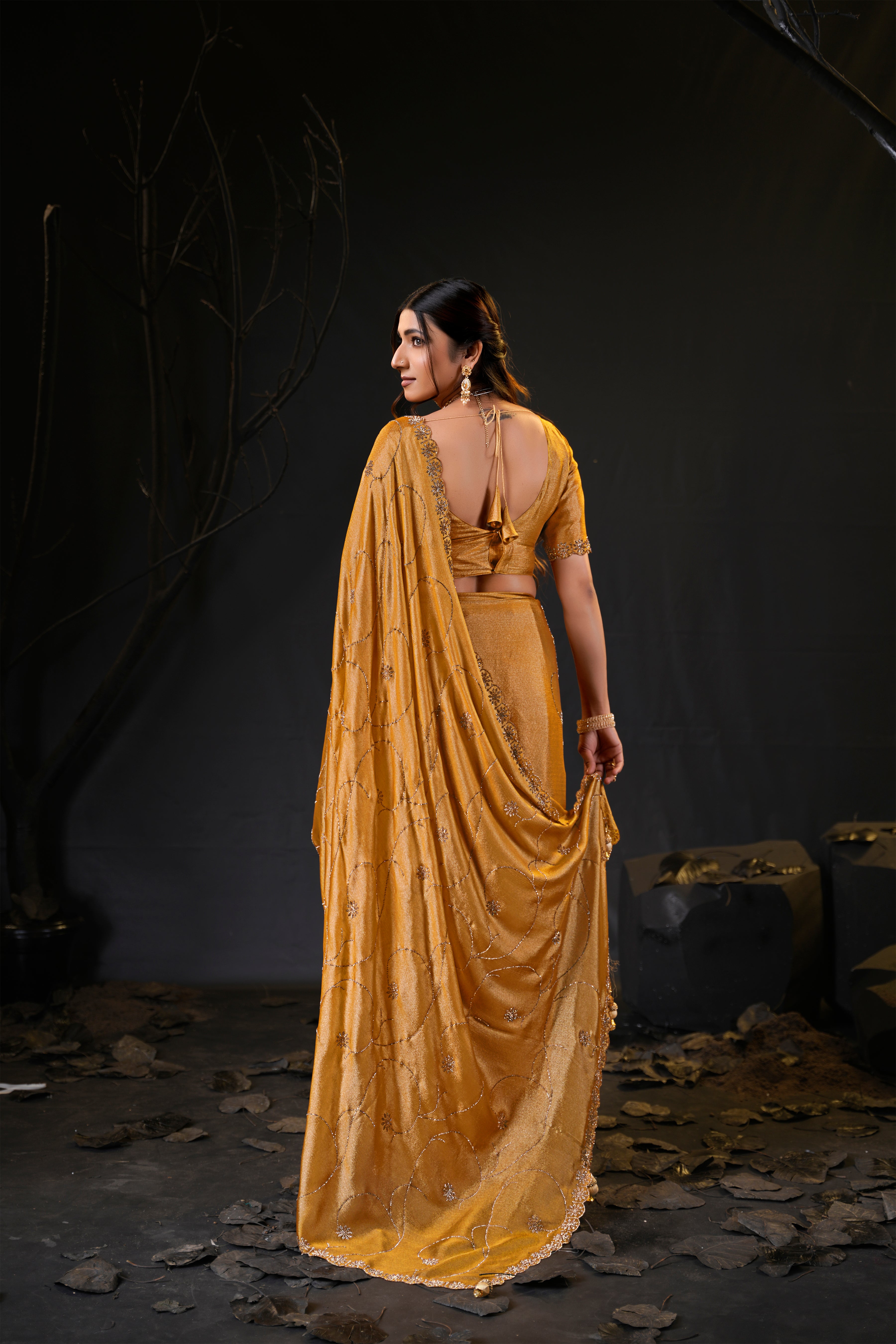 Falguni 3 Designer Saree | Shimmer Chiffon with Star Motif Embroidery, Sirosky Work & Pearl Border Drops